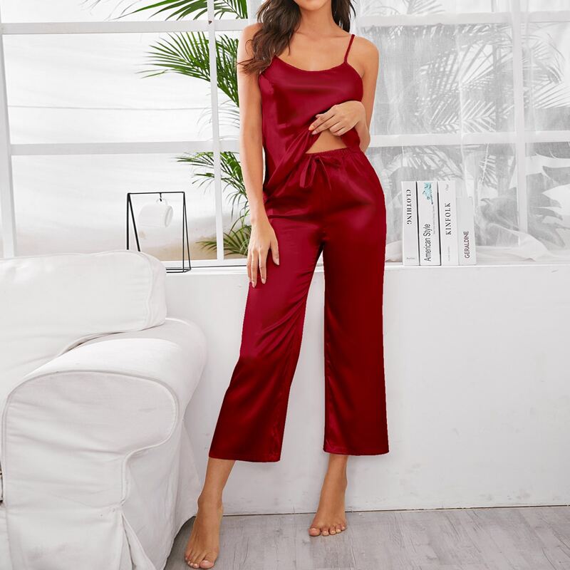 

Solid Cami Satin PJ Set, Burgundy
