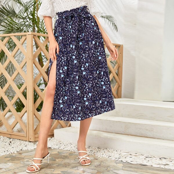 

Paperbag Waist Split Hem Belted Floral Skirt, Navy