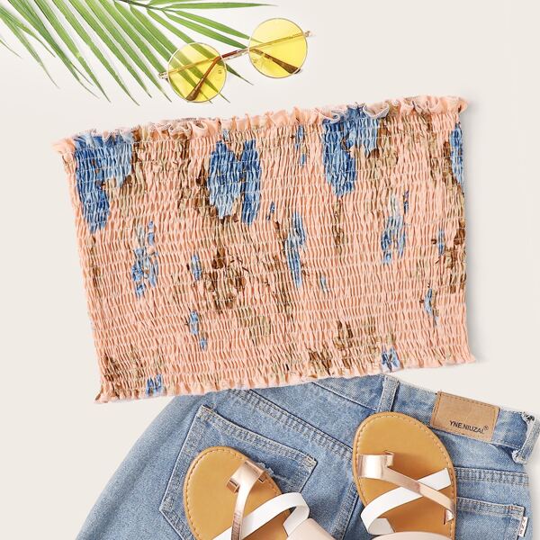 

Plus Floral Shirred Frill Crop Tube Top, Pink