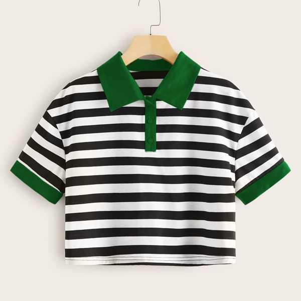 

Striped Contrast Collar Crop Tee, Multicolor