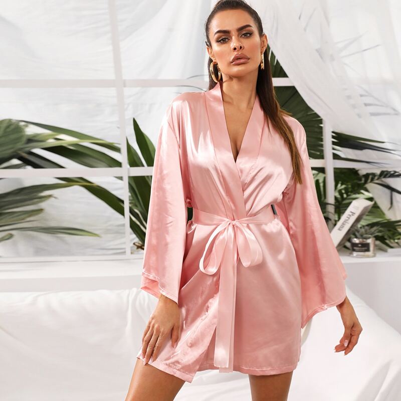 

Satin Self Tie Night Robe, Pink pastel