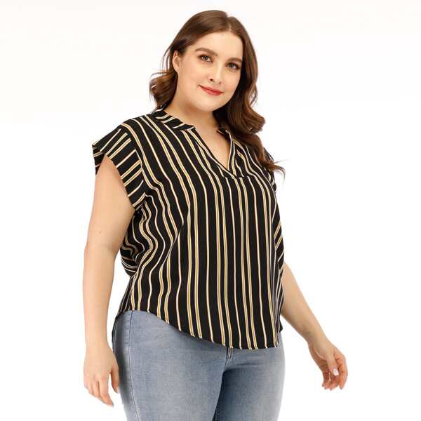 

Plus Vertical Striped Notched Neck Blouse, Multicolor
