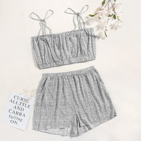 

Plus Ditsy Floral Tie Shoulder Cami Top & Shorts, Black and white