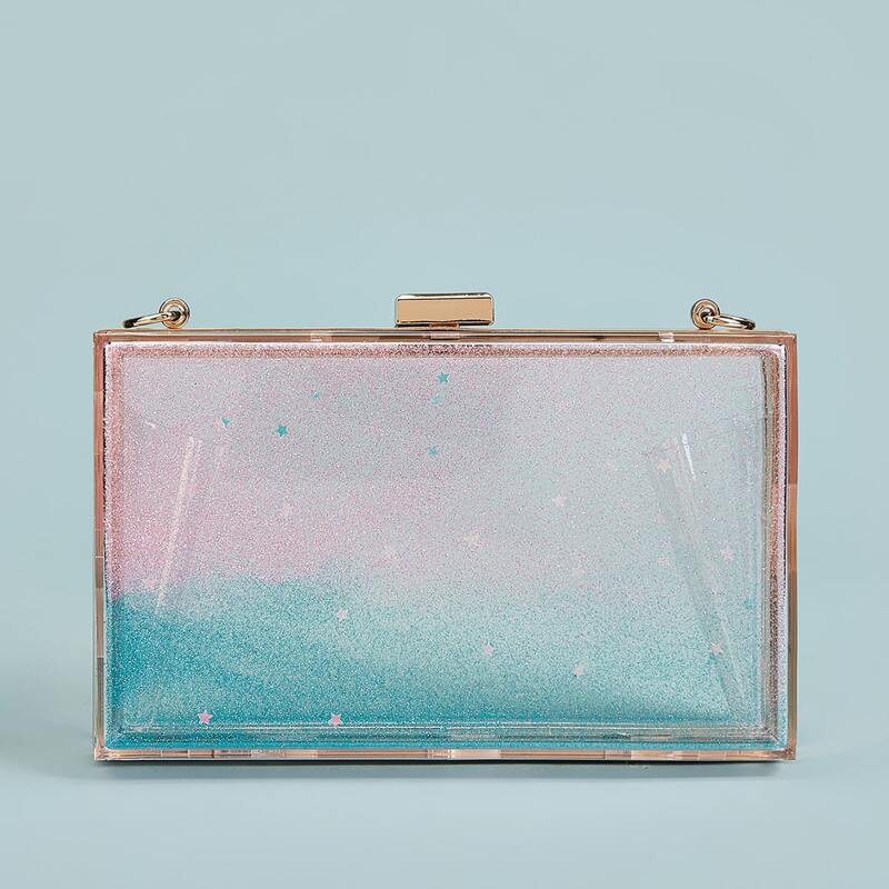 

Clear Glitter Box Shaped Chain Bag, Multicolor