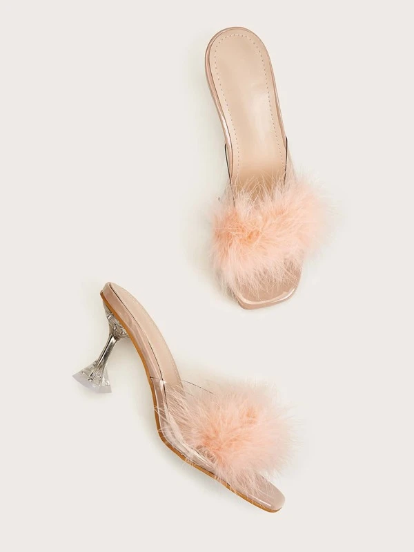 fluffy heeled mules