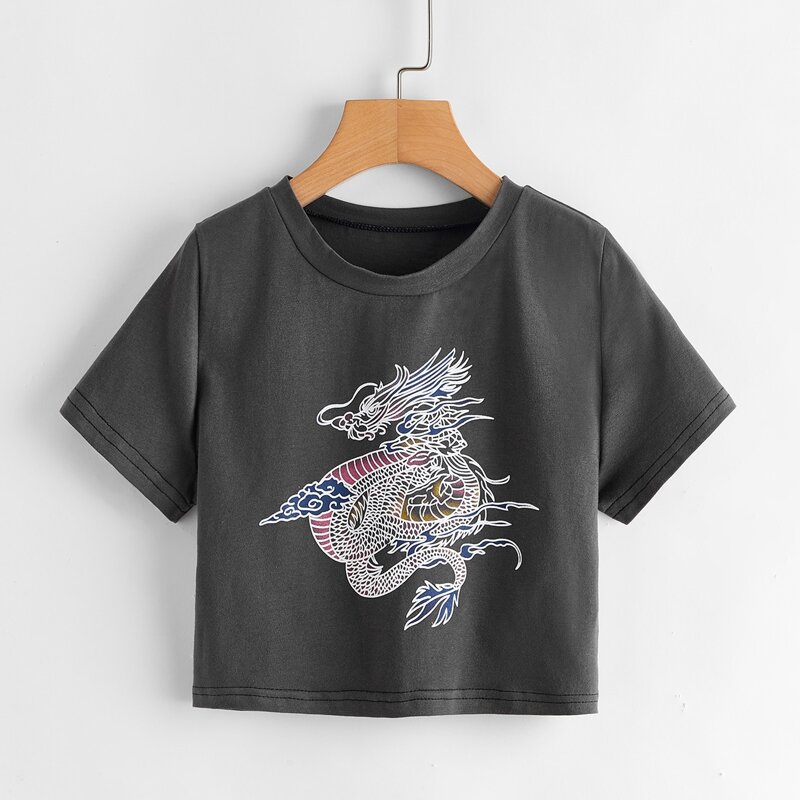 

Dragon Graphic Crop Tee, Grey