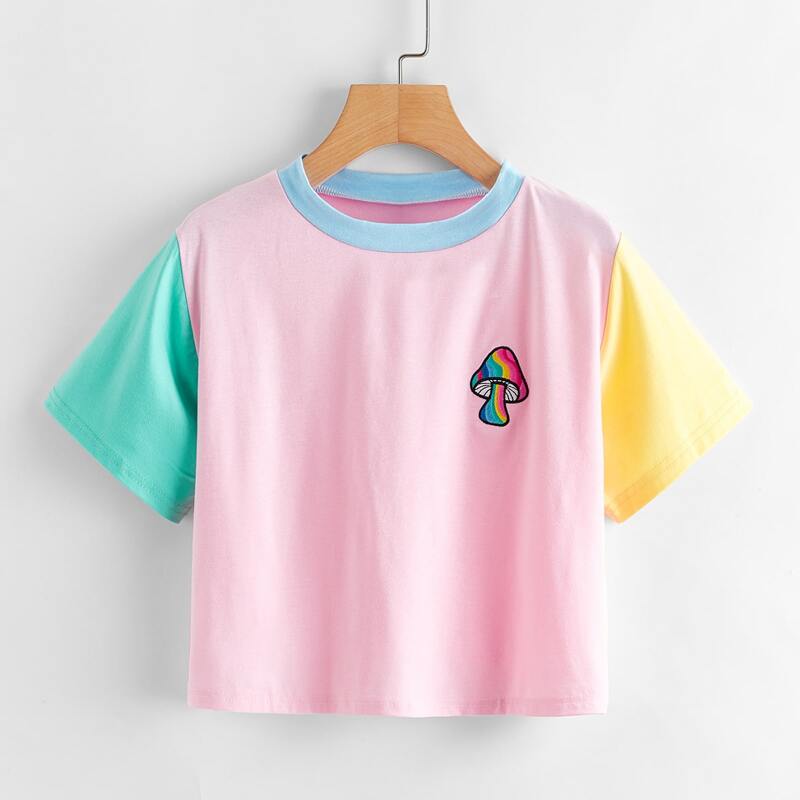 

Mushroom Embroidery Colorblock Crop Tee, Multicolor