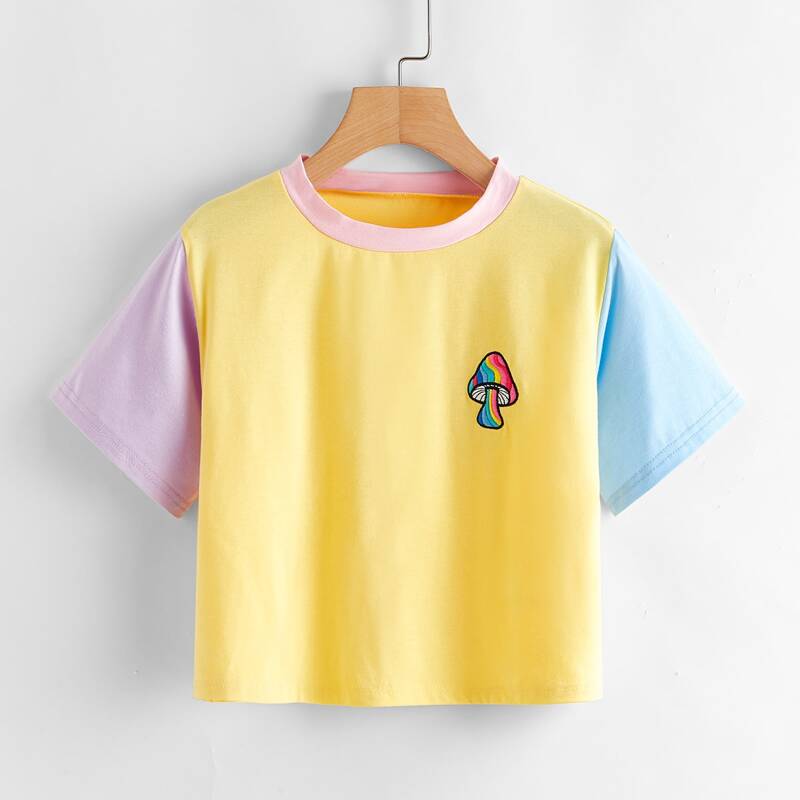 

Mushroom Embroidery Colorblock Tee, Multicolor
