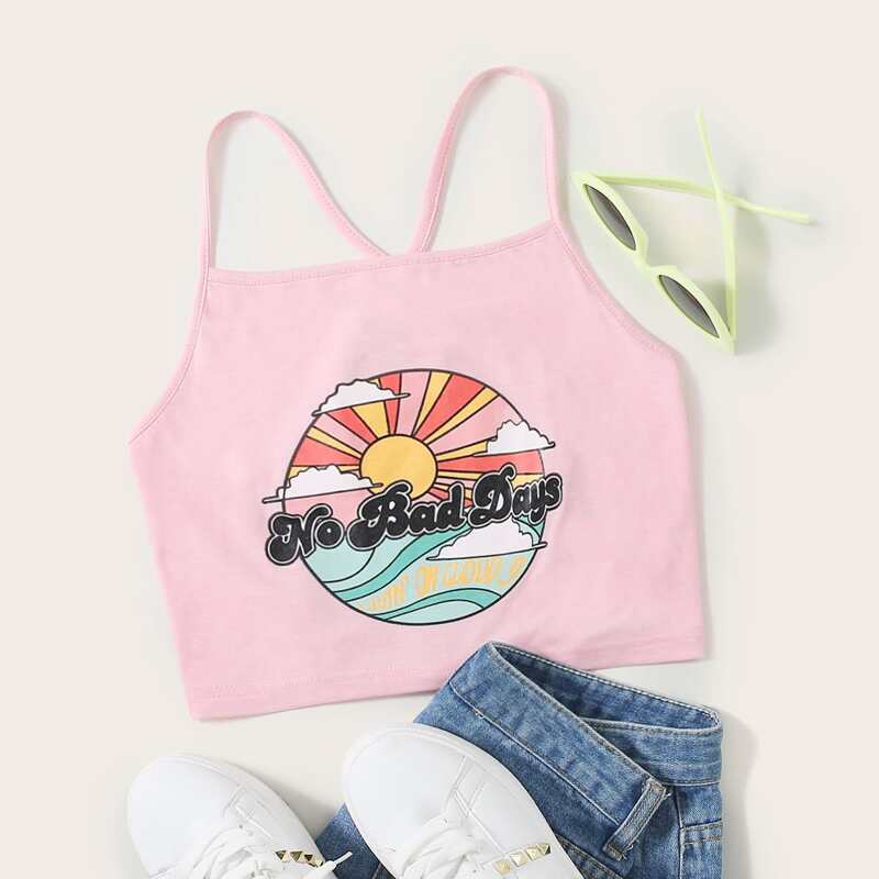 

Letter Graphic Lace Up Back Cami, Pink