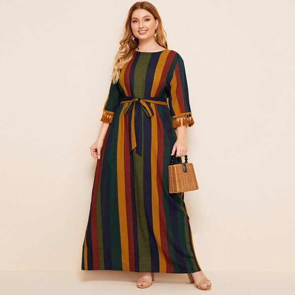 

Plus Tassel Cuff Striped Belted Maxi Dress, Multicolor