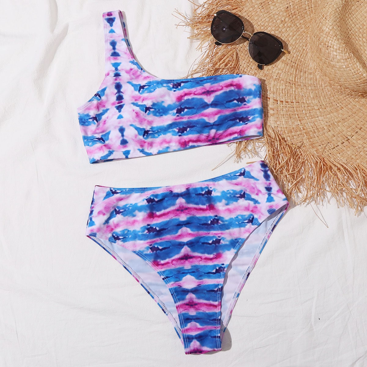 Tie Dye One Shoulder High Waisted Bikini Swimsuit thumbnail