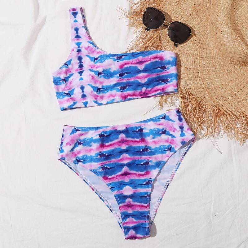 

Tie Dye One Shoulder High Waisted Bikini Swimsuit, Blue