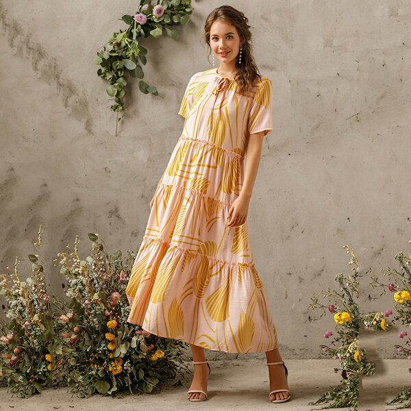 

Allover Graphic Tie Neck Frill Ruffle Hem Smock Dress, Multicolor