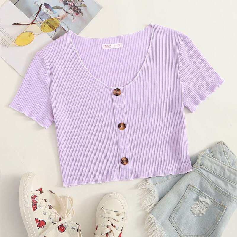 

Ribbed Button Front Purple Tee