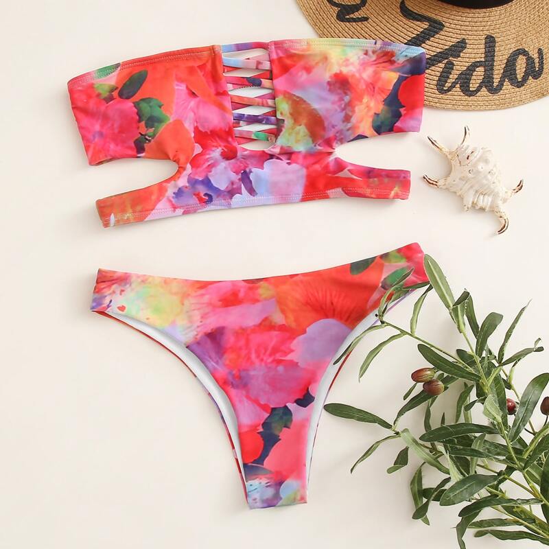 

Floral Cut-out Bandeau Bikini Swimsuit, Multicolor