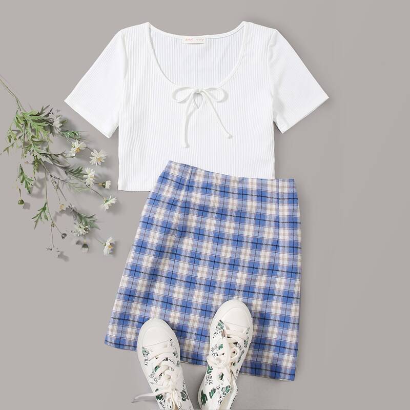 

Ribbed Tie Neck Tee & Plaid Skirt, Blue