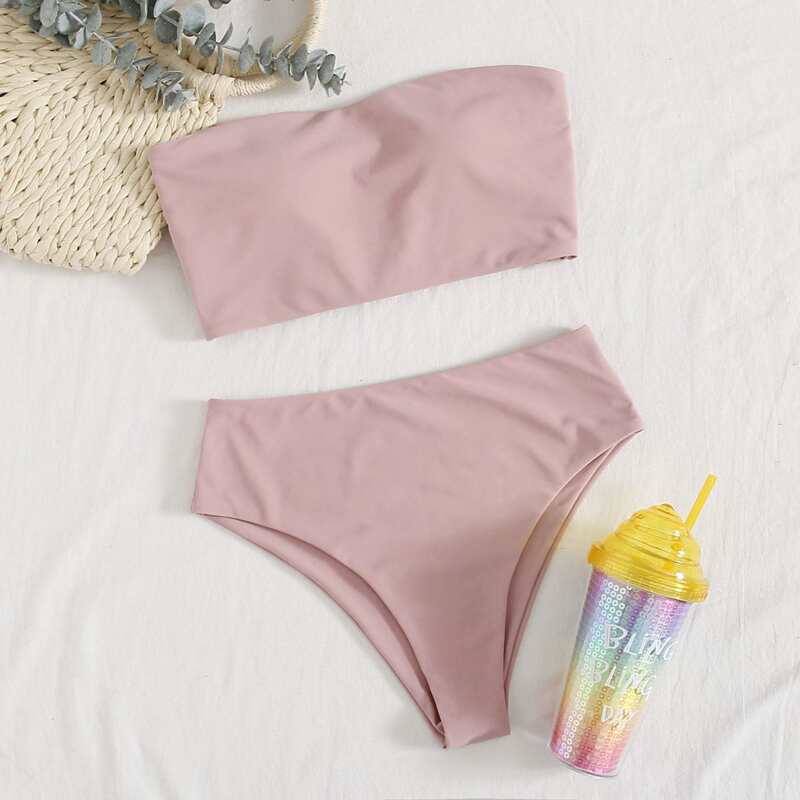 

Lace-up Back Bandeau High Waisted Bikini Swimsuit, Pink