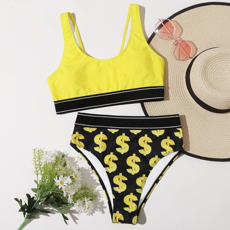 

Dollar Print High Waisted Bikini Swimsuit, Yellow