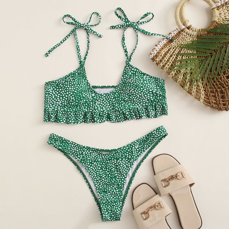 Dalmatian Tie Shoulder High Cut Bikini Swimsuit, Green