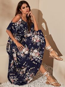 SHEIN VCAY Cold Shoulder Flounce Foldover Floral Dress - Navy Blue - View 5