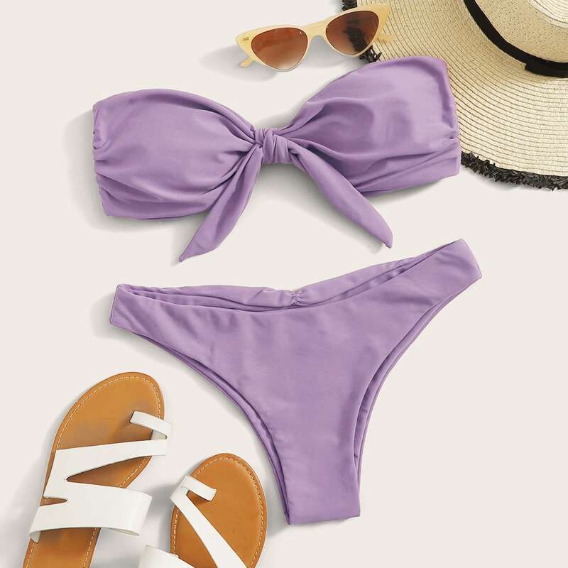 

Knot Front Bandeau Cheeky Bikini Swimsuit, Purple