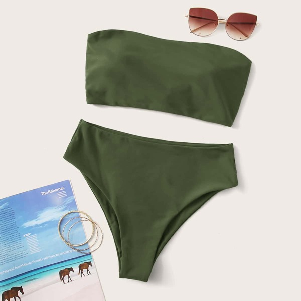 

Lace-up Back Bandeau High Waisted Bikini Swimsuit, Army green