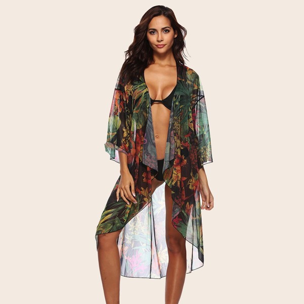 

Floral Print Dip Hem Sheer Kimono, Multicolor