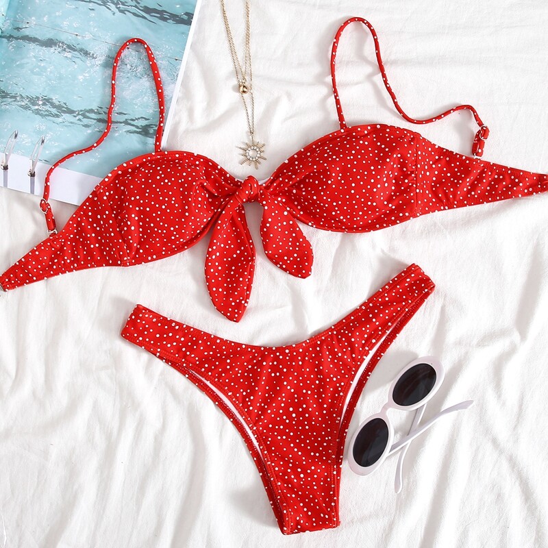 

Polka Dot Knot Front High Leg Bikini Swimsuit, Red