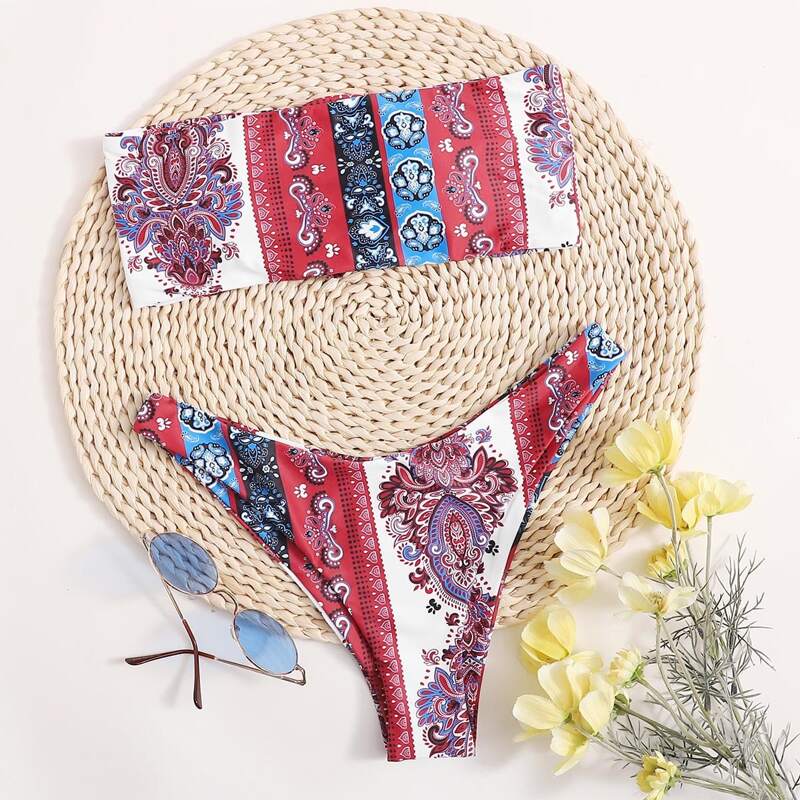 

Tribal Bandeau High Leg Bikini Swimsuit, Multicolor