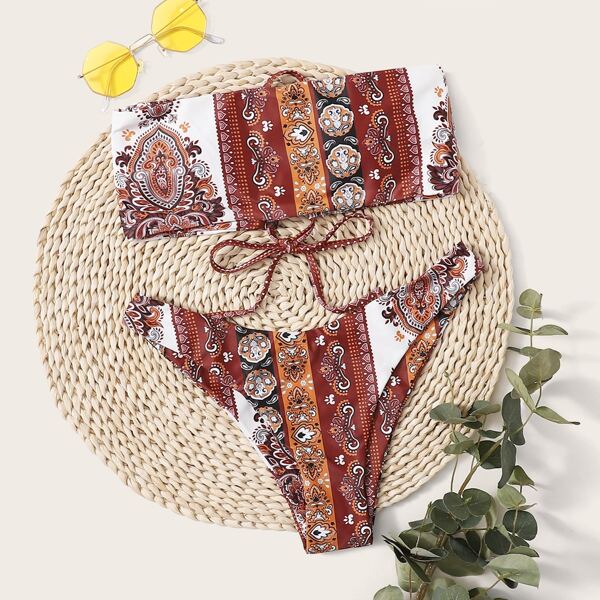 

Tribal Bandeau High Leg Bikini Swimsuit, Multicolor