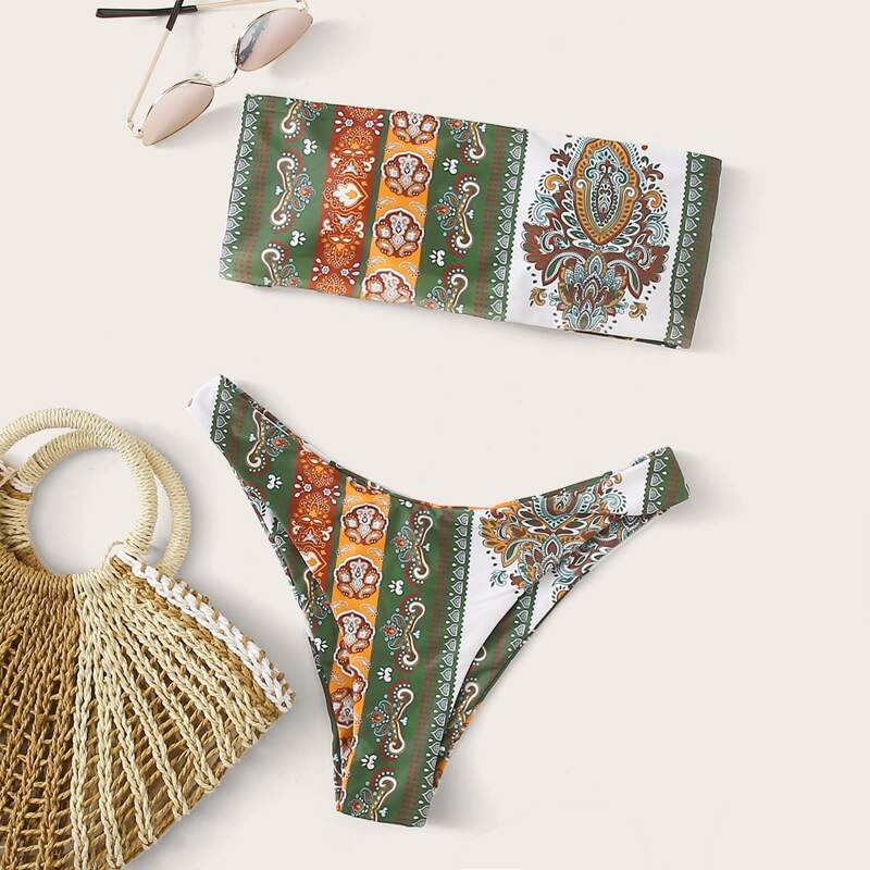 

Tribal Bandeau High Leg Bikini Swimsuit, Multicolor