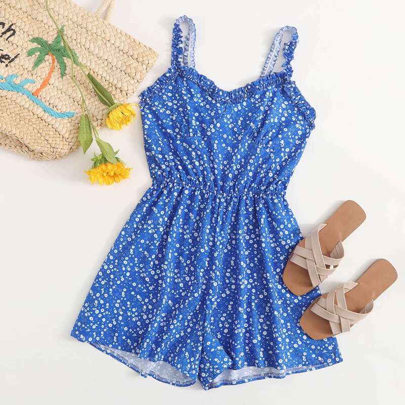

Ditsy Floral Frill Trim Cami Romper, Blue