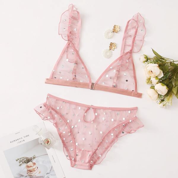 

Glitter Polka Dot Mesh Lingerie Set, Pink