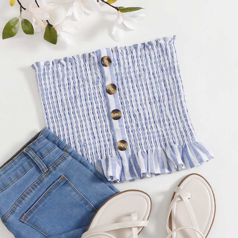 

Striped Button Front Shirred Tube Top, Blue