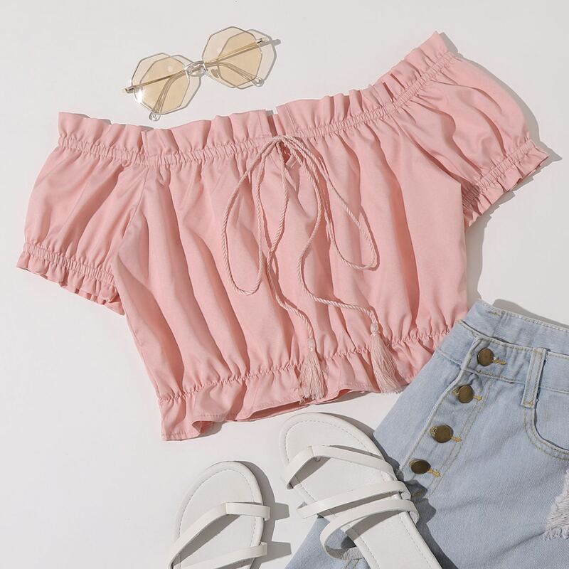 

Frill Trim Bardot Crop Top, Baby pink