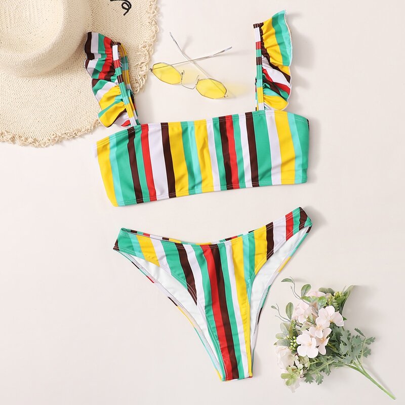 

Striped Ruffle Bikini Swimsuit, Multicolor