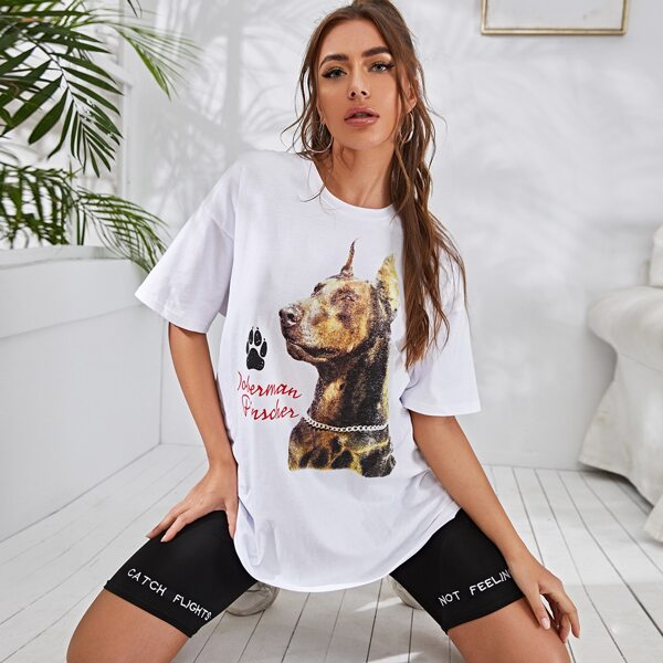 

Dog And Letter Graphic Oversized Tee, White