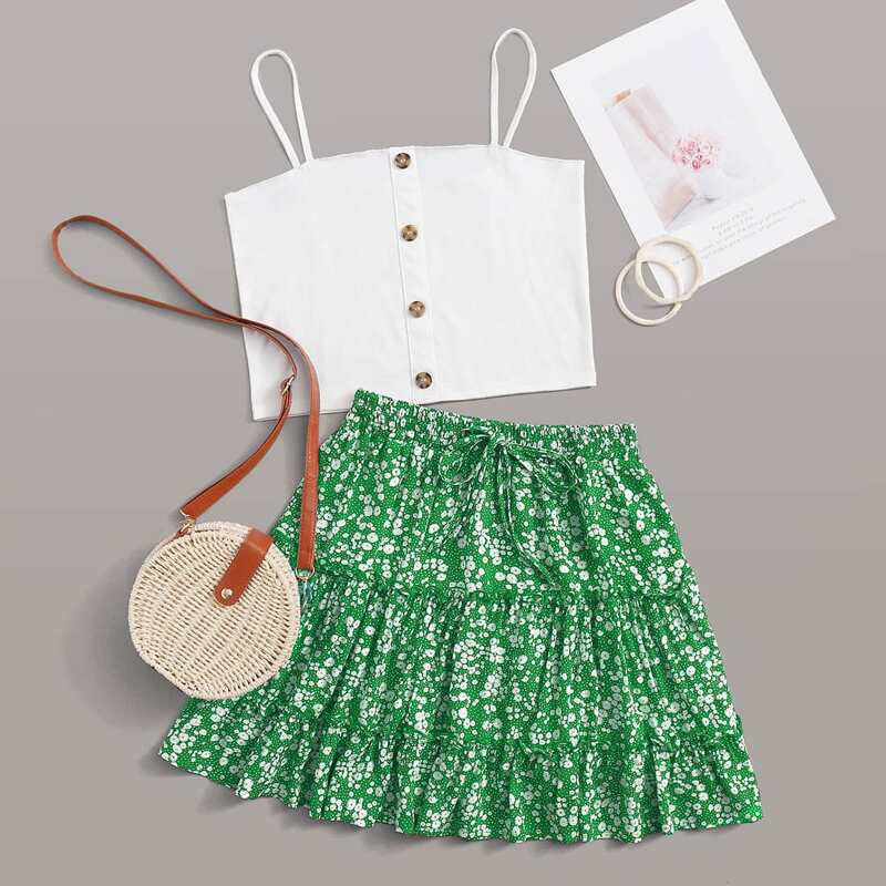 

Button Front Cami & Ditsy Floral Skirt, Green