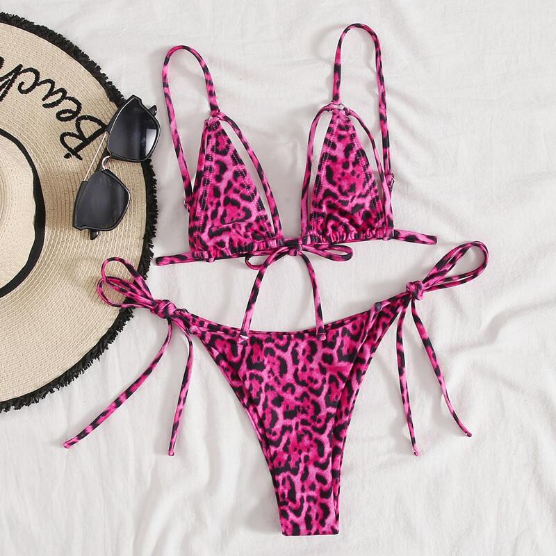 

Leopard Triangle Tie Side Bikini Swimsuit, Pink