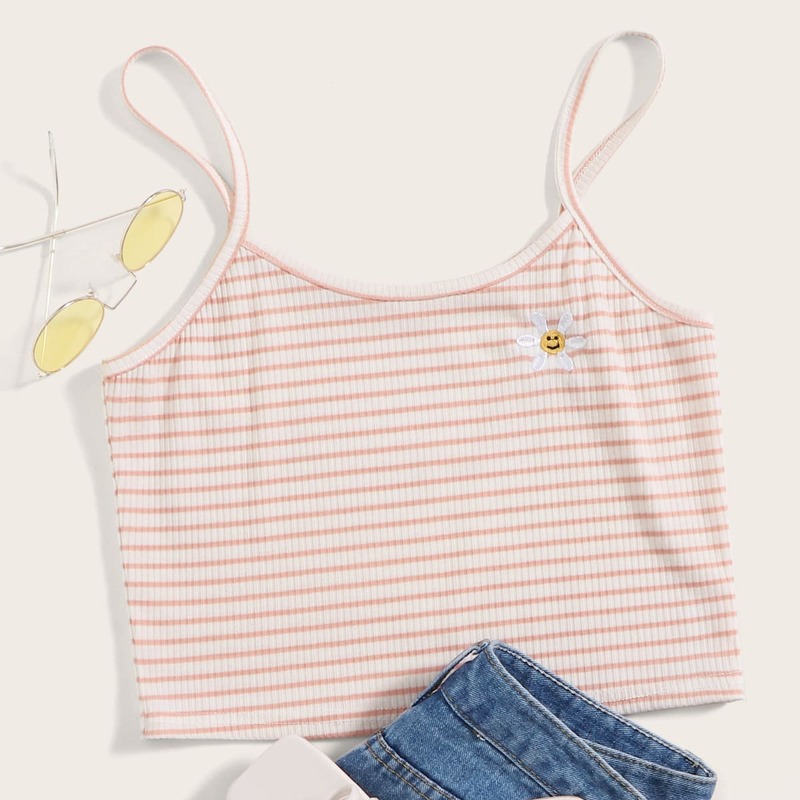

Flower Embroidery Striped Crop Cami, Pink