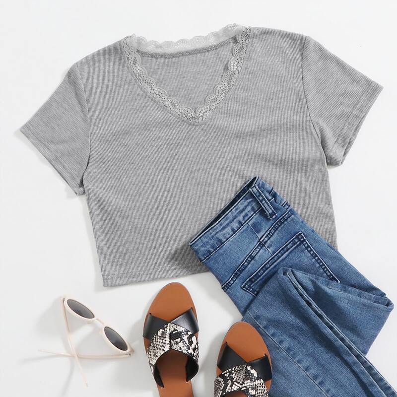 

Lace Trim Crop Tee, Grey