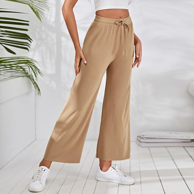 

Drawstring Waist Wide Leg Solid Pants, Khaki