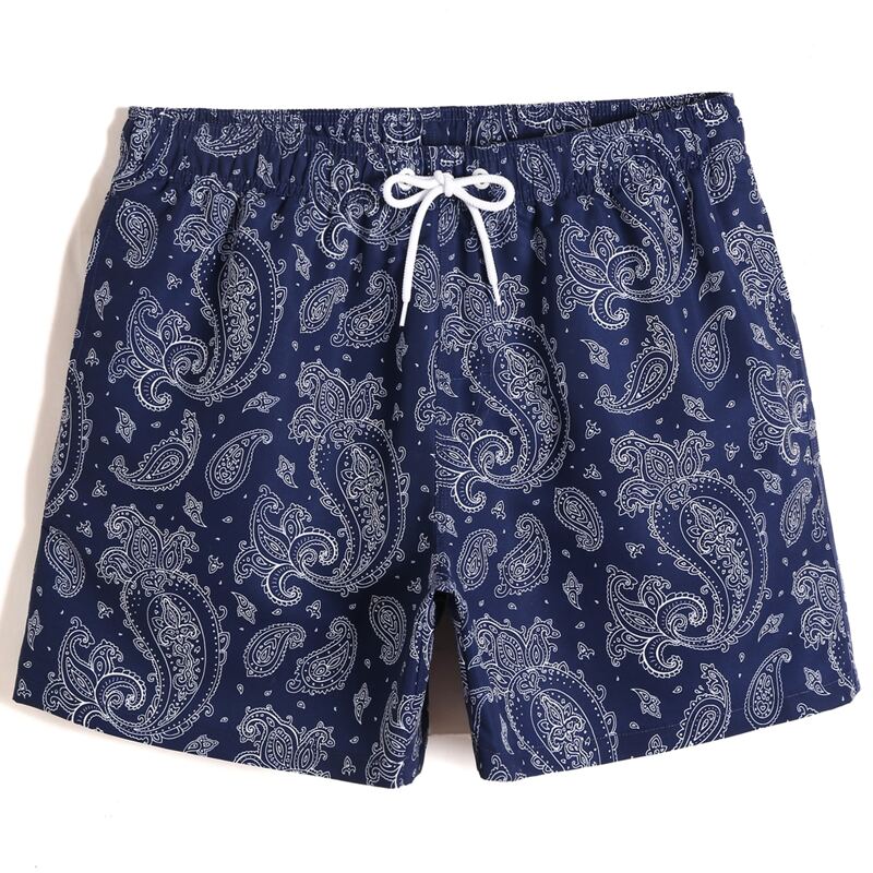 

Guys Paisley Print Drawstring Waist Swim Trunks, Navy blue