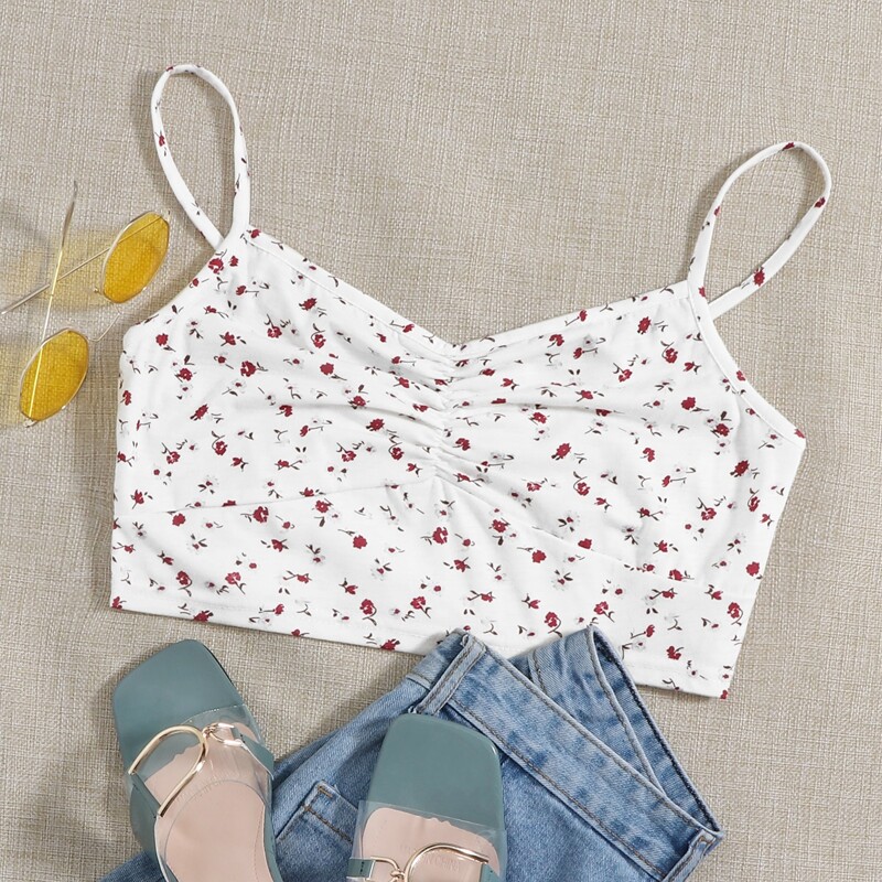 

Ditsy Floral Ruched Crop Cami, White
