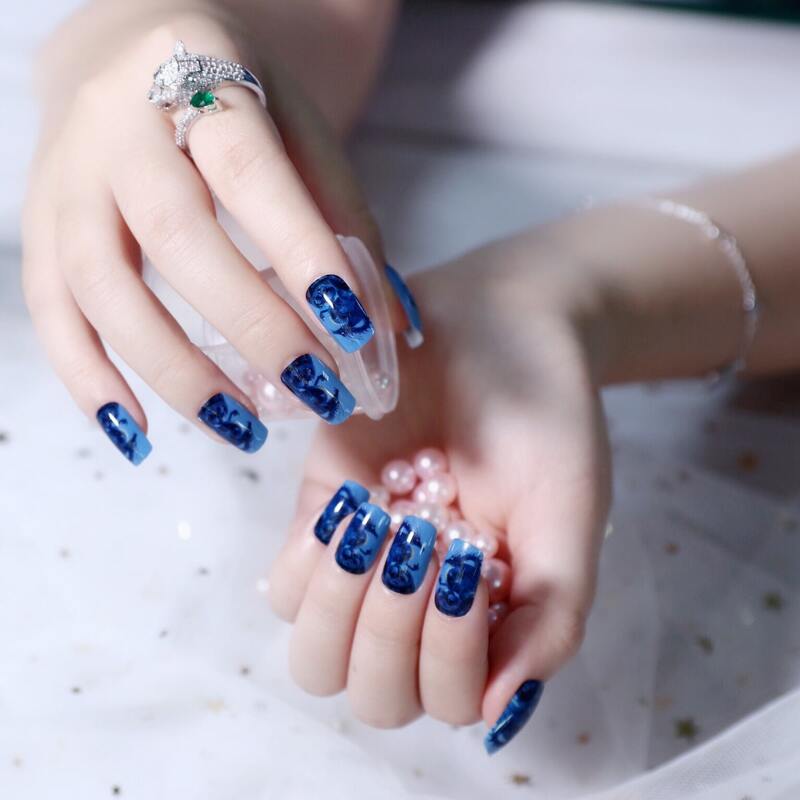 24pcs Fake Nails & Double Sided Tape & Manicure, Blue