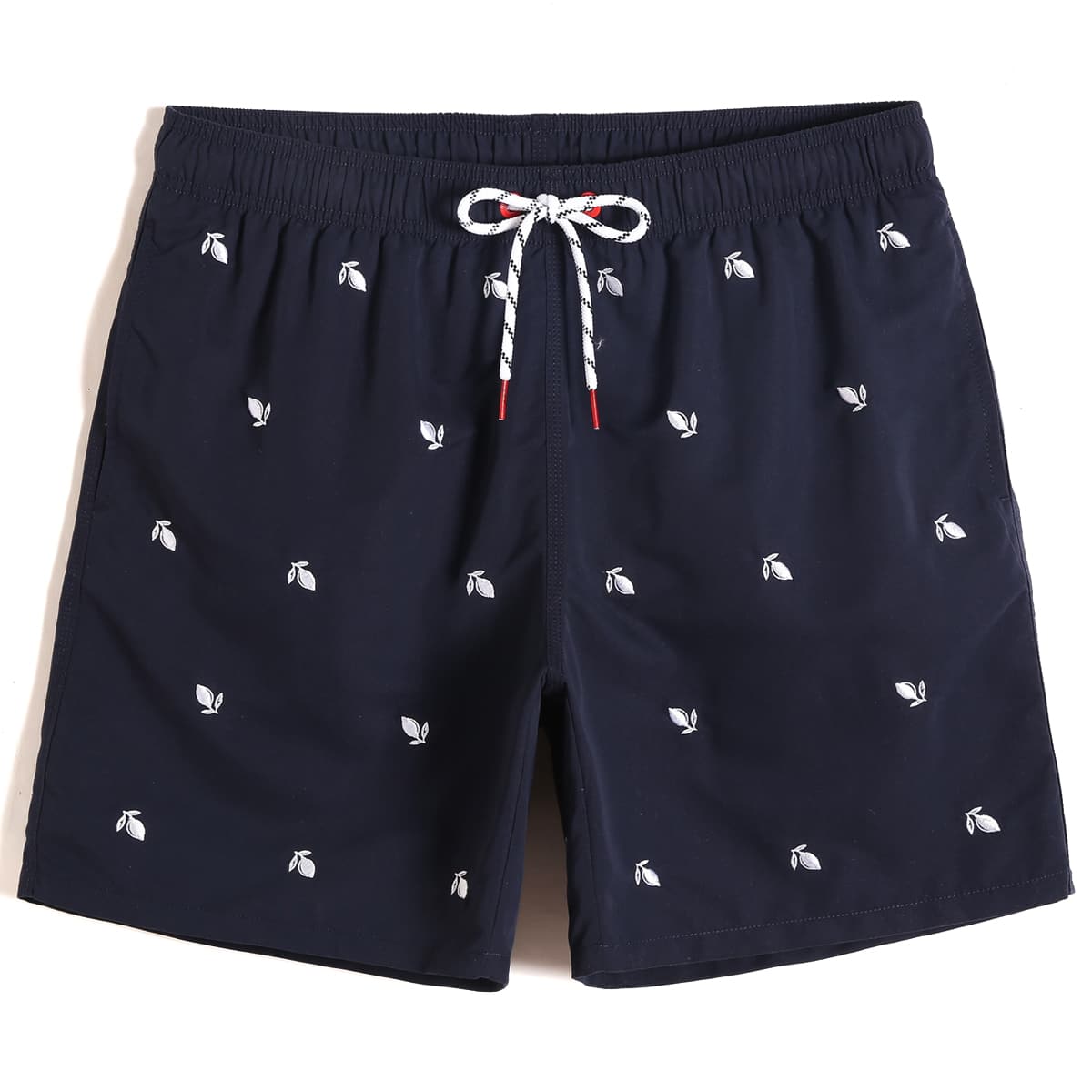 

Guys Plant Embroidered Drawstring Waist Swim Trunks, Navy blue