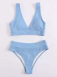 Set bikini cạp cao đi biển mùa hè - Màu xanh lam - Xem 3