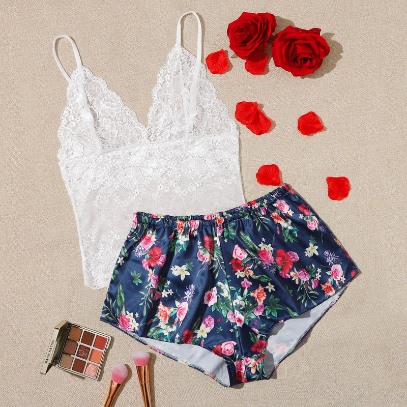 

Lace Top With Floral Satin Shorts, Multicolor