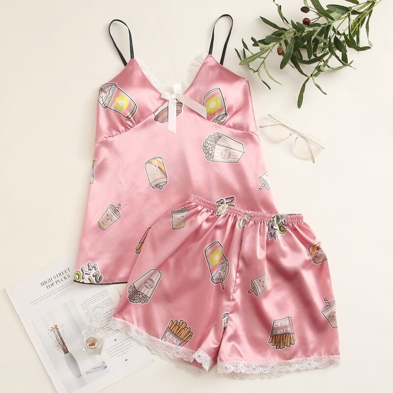 

Snack Print Satin Cami PJ Set, Pink