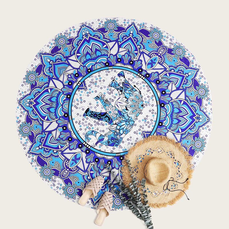 

Tribal Elephant Print Round Beach Blanket, Blue